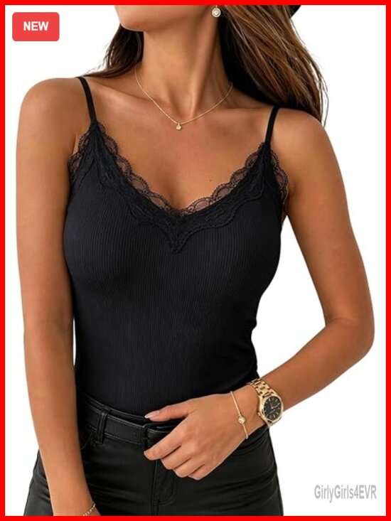 Tops - Built-in Bra Cami Tank Top Lace Trim Spaghetti Straps Slim Fit Ribbed Tops